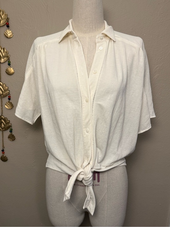 Massimo Dutti Tops - Massimo Dutti Cream Lattice Lace Inset button up blouse tie front size Small